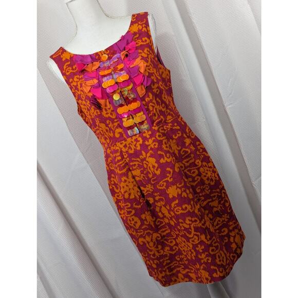 NANETTE LEPORE! SILK & LINEN! FUSCHIA PINK, ORANGE SEQUINNED, RUFFLE DRESS!SZ 8 - Picture 8 of 8